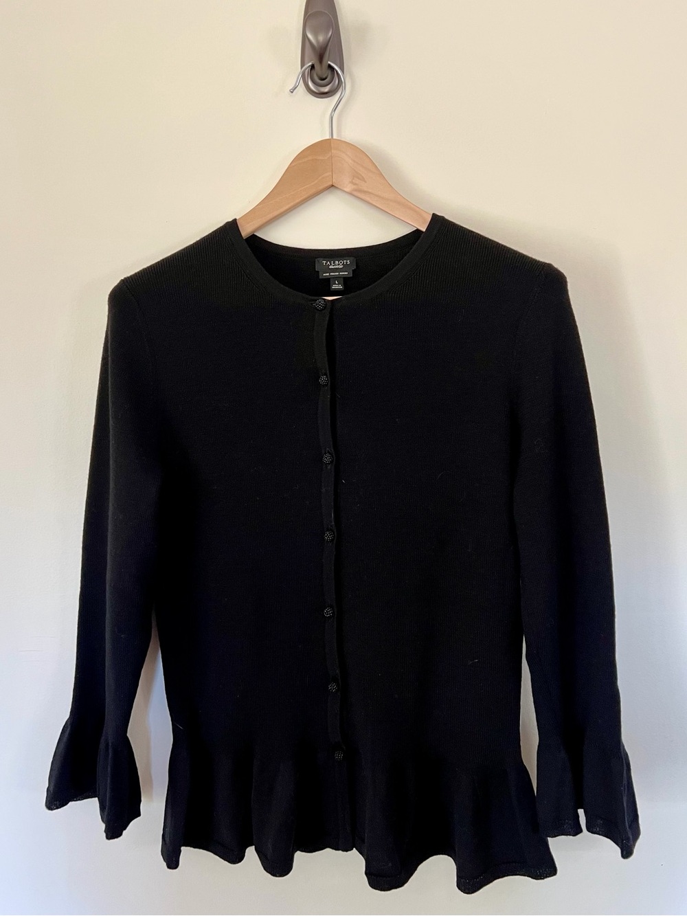 Talbots Black Ruffle-Hem Button-Front Cardigan